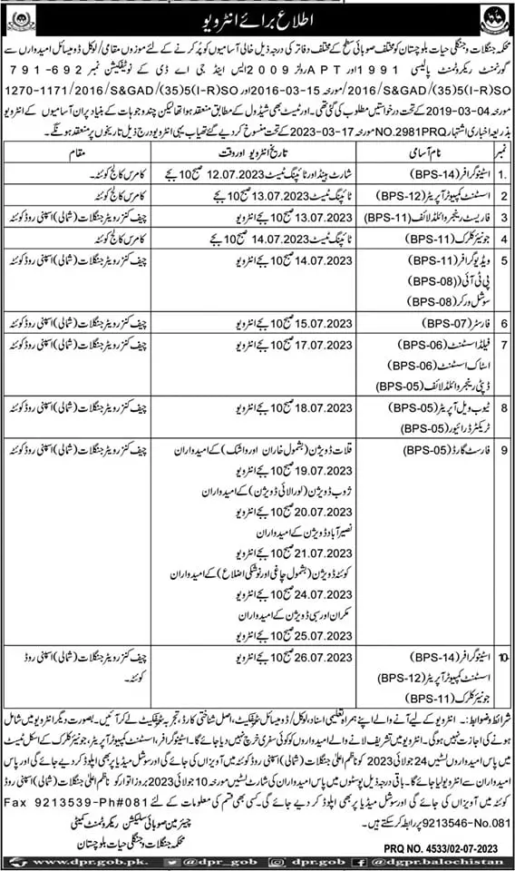Forest Department Balochistan Interview Schedule 2023 – Forest and Wildlife Department Balochsitan Jobs 2023 — original advertisement