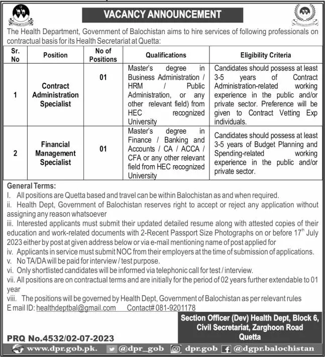 Health Department Balochistan Quetta Jobs 2023 – Health Department Balochsitan Jobs 2023 — original advertisement