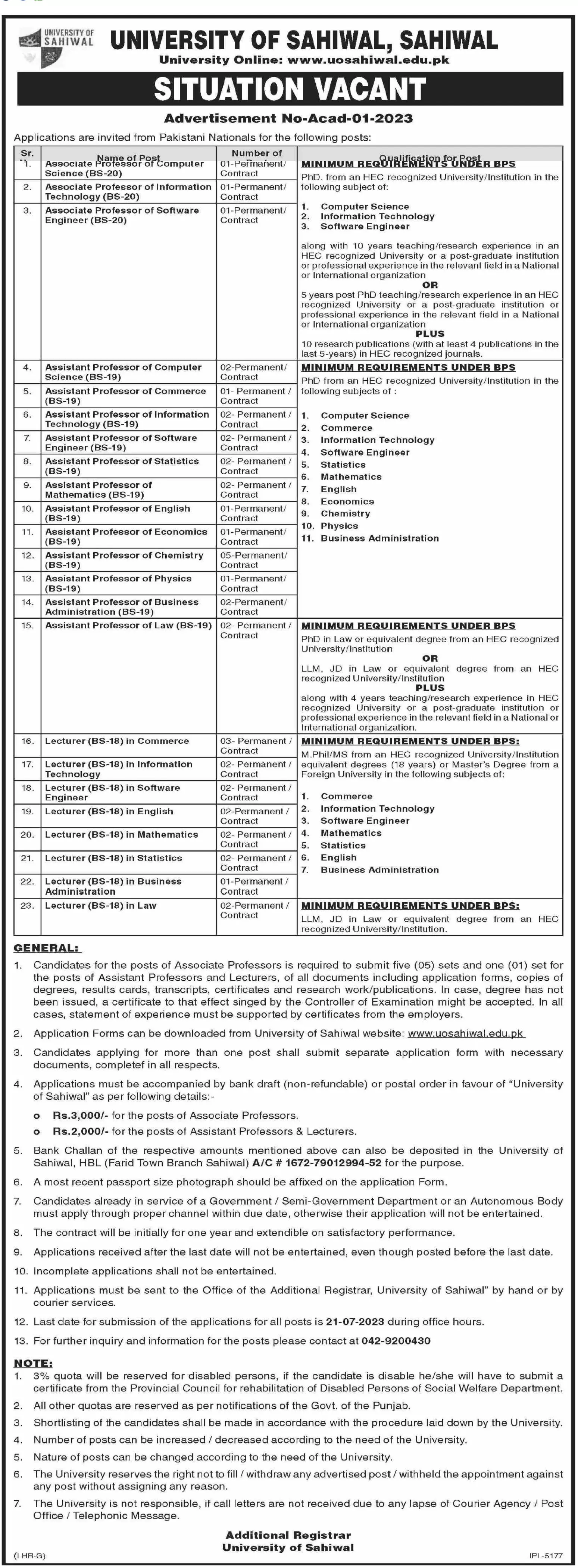 University Of Sahiwal Jobs 2023 Jobs 2023 — original advertisement