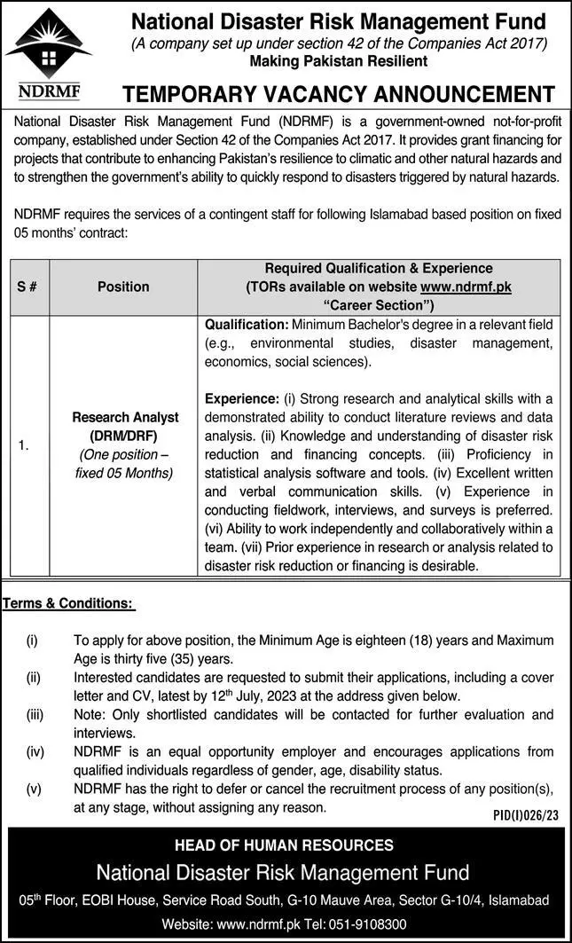 National Disaster Risk Management Fund NDRMF Islambad Jobs – National Disaster & Risk Management Fund Jobs 2023 — original advertisement