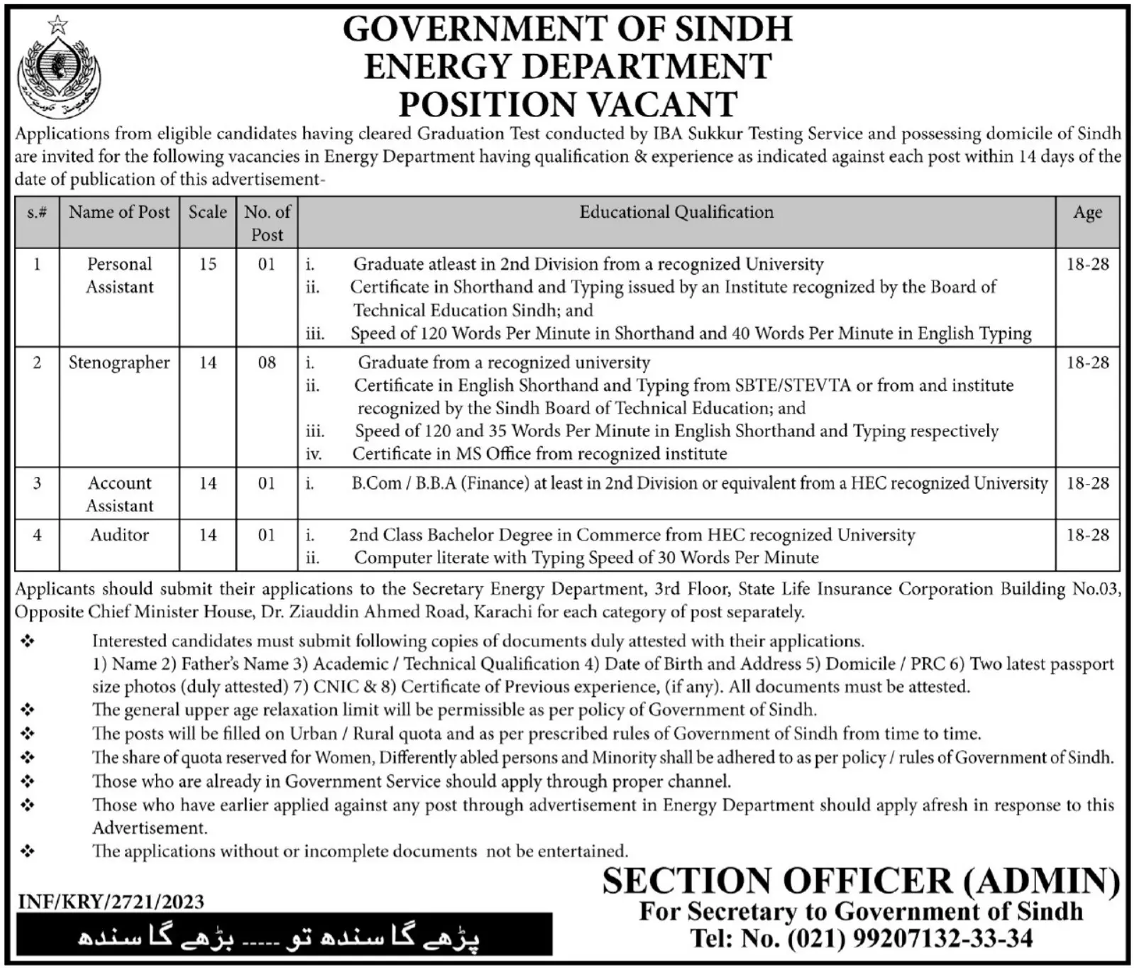Energy Department Sindh Karachi Jobs 2023 – Energy Department Karachi Sindh Jobs 2023 — original advertisement