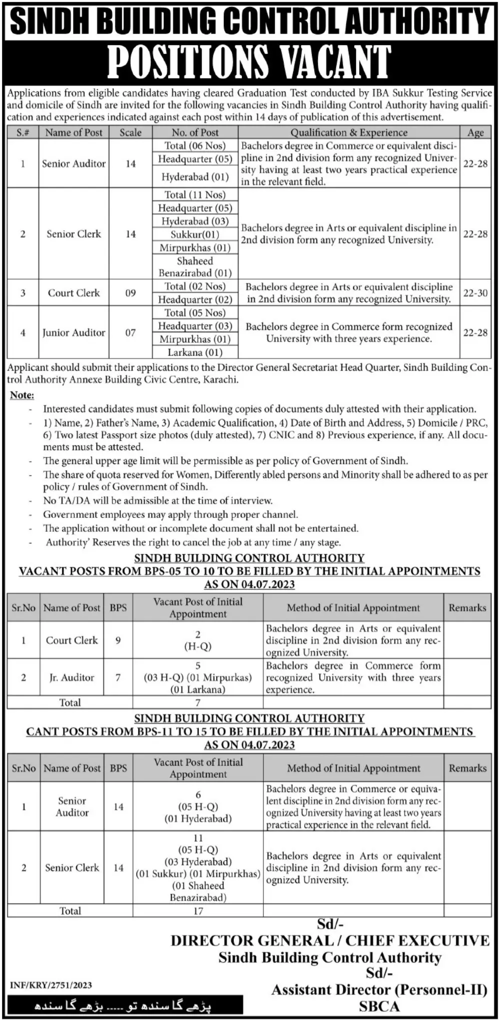 Sindh Building Control Authority SBCA Jobs 2023 Jobs 2023 — original advertisement