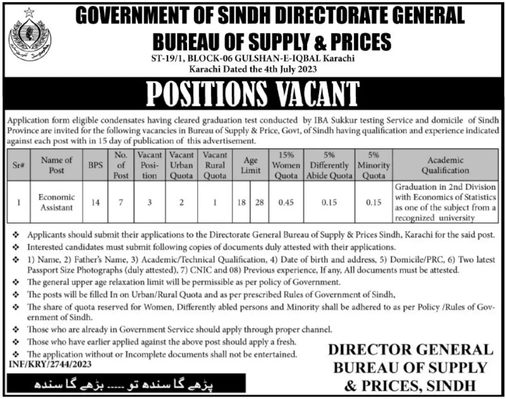 Bureau Of Supply & Prices Sindh Karachi Jobs 2023 Jobs 2023 — original advertisement