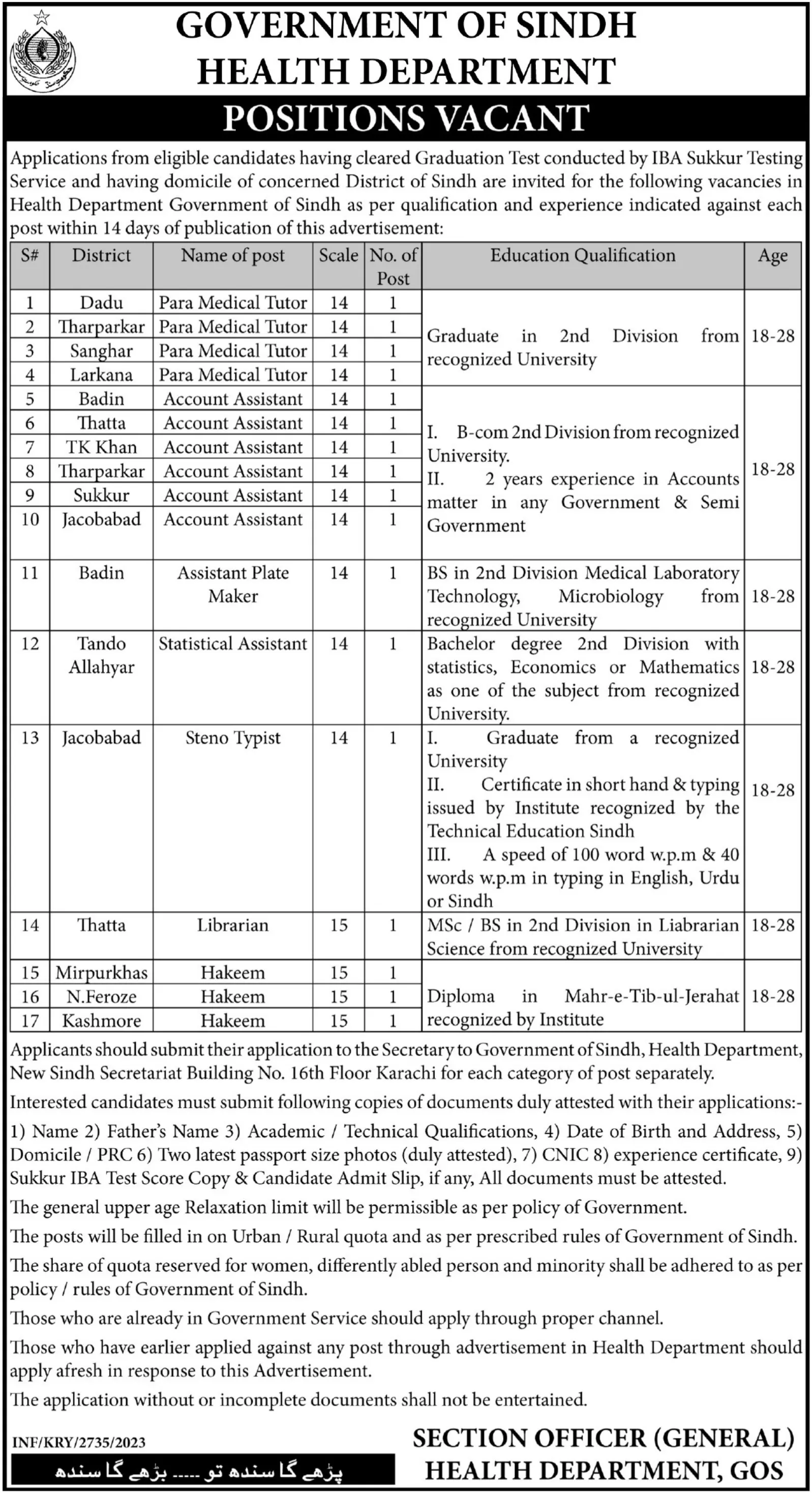 Health Department Sindh Karachi Jobs 2023 Jobs 2023 — original advertisement