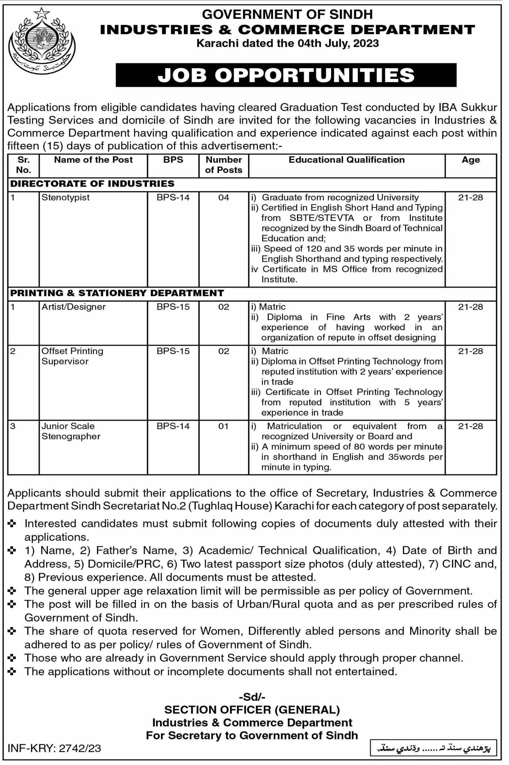 Industries & Commerce Department Karachi Jobs 2023 Jobs 2023 — original advertisement