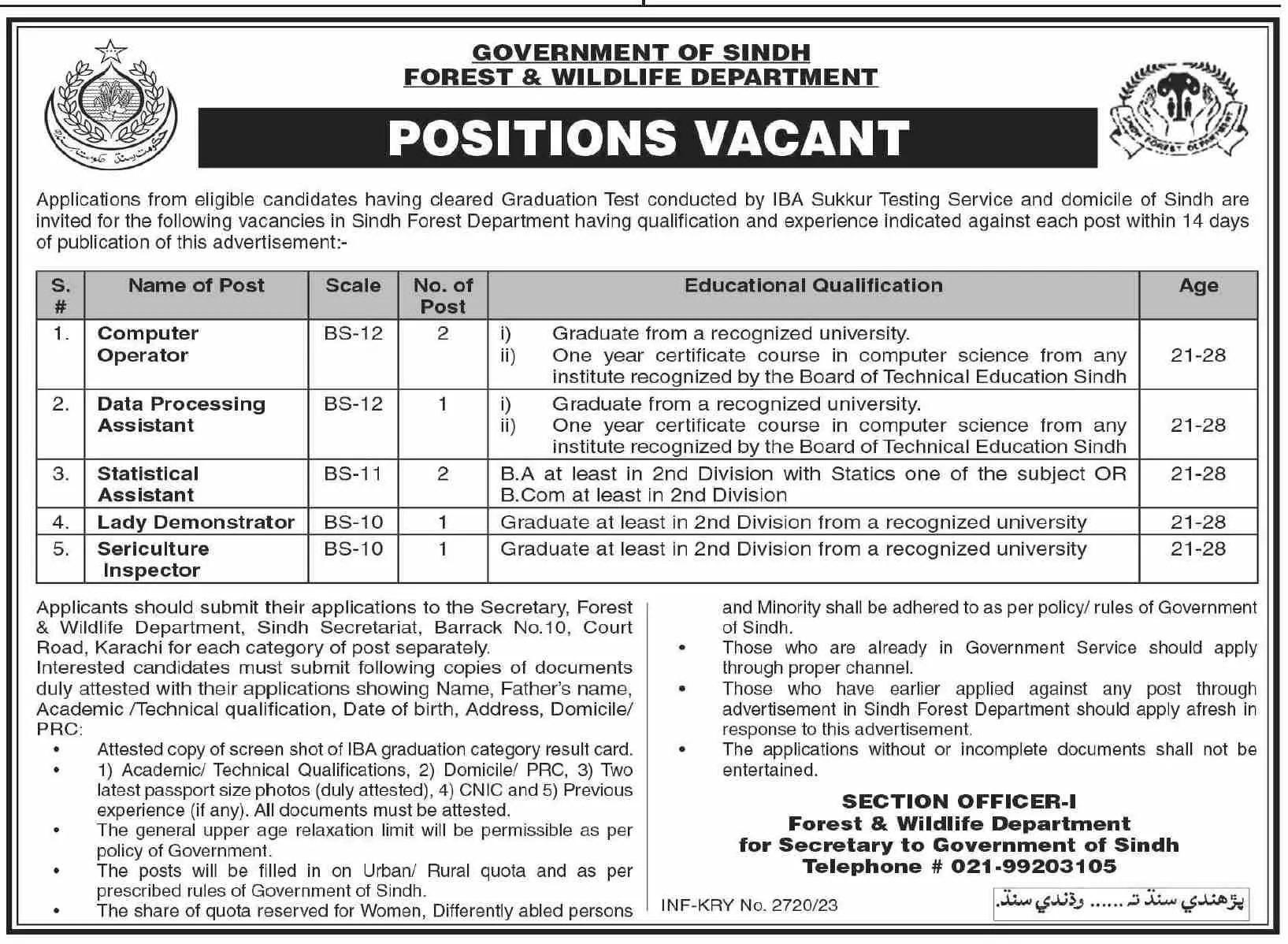 Forest & Wildlife Department Sindh Karachi Jobs 2023 – Forest Department Sindh Jobs 2023 — original advertisement
