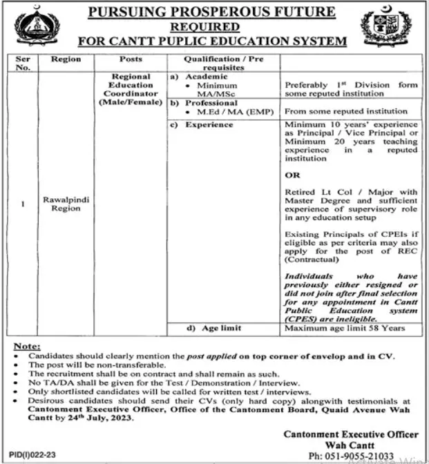 Cantt Public Education System Wah Cantt Jobs 2023 – Federal Govt Educational Institutes Cantts and Garrisons Jobs 2023 — original advertisement
