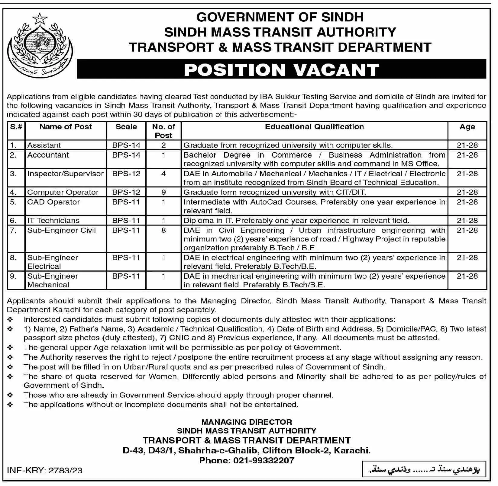 Sindh Mass Transit Authority Karachi Jobs 2023 Jobs 2023 — original advertisement