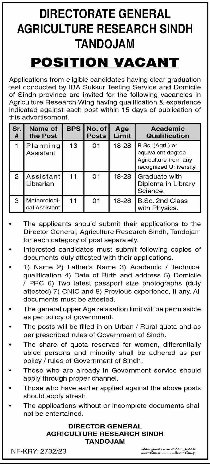 Directorate Of Agriculture Research Karachi Jobs 2023 – Agriculture Department Sindh Jobs 2023 — original advertisement
