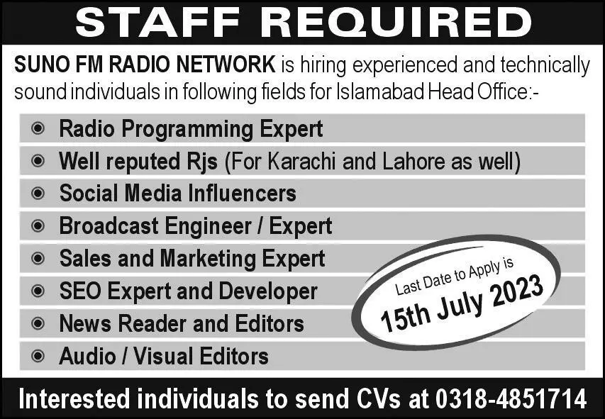Suno FM Radio Network Islamabad Jobs 2023 Jobs 2023 — original advertisement
