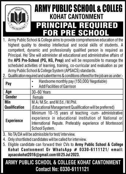 Army Public School & College APS&C Kohat Jobs 2023 – Army Public School & College Paksitan Jobs 2023 — original advertisement