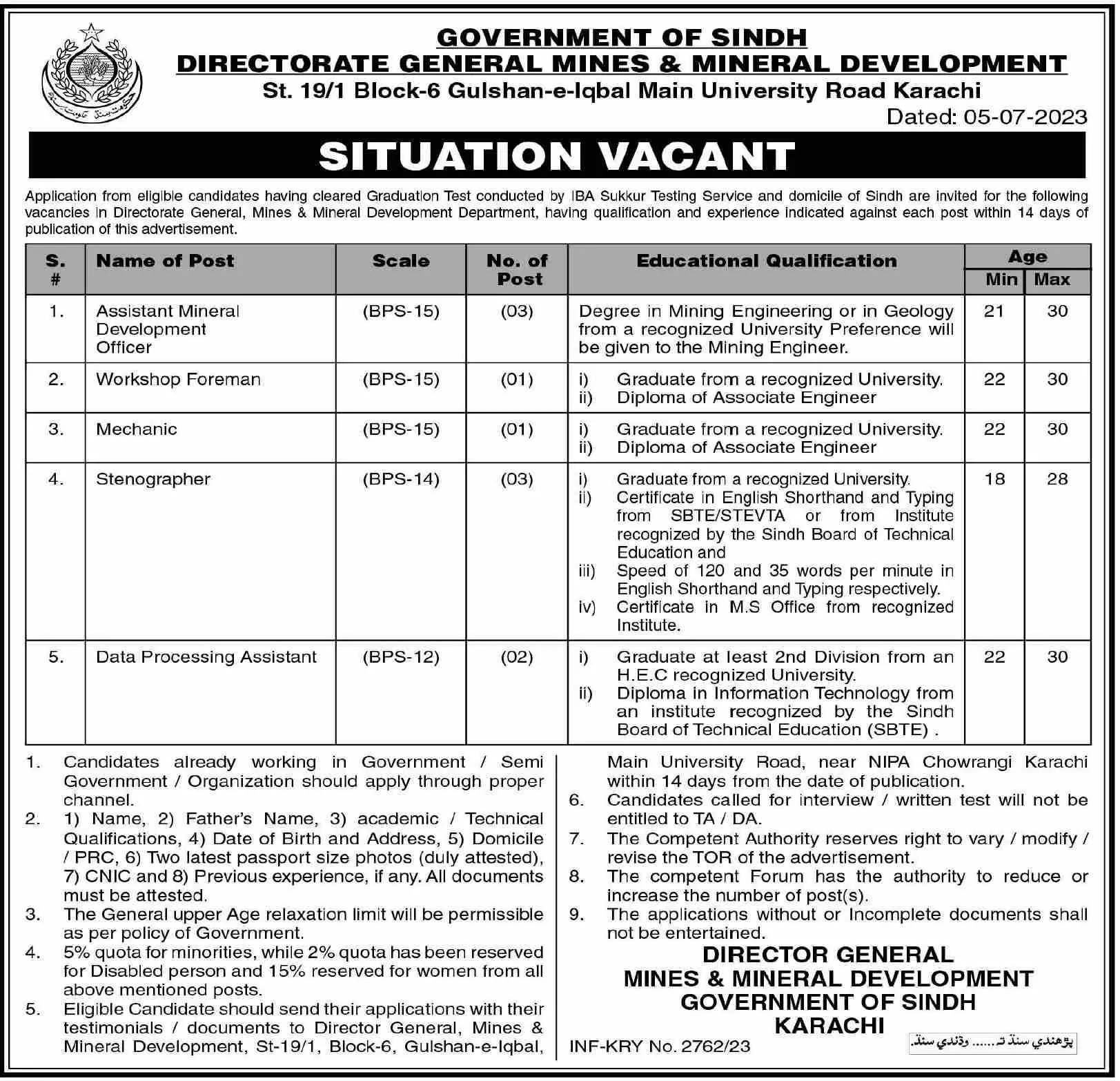 Mines & Mineral Development Department Sindh Jobs 2023 Jobs 2023 — original advertisement