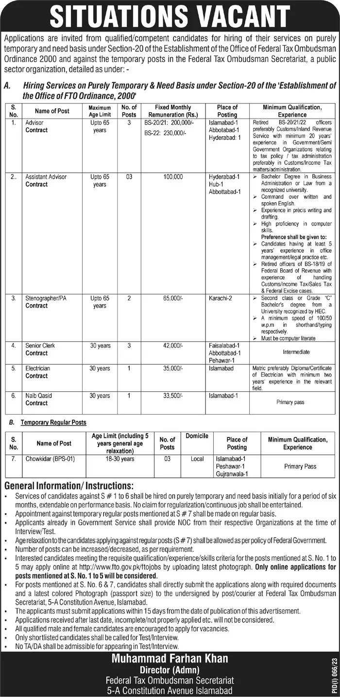 Federal Tax Ombudsman Secretariat Islamabad Jobs 2023 – Federal Tax Ombudsman Secretariat Pakistan Islamabad Jobs 2023 — original advertisement
