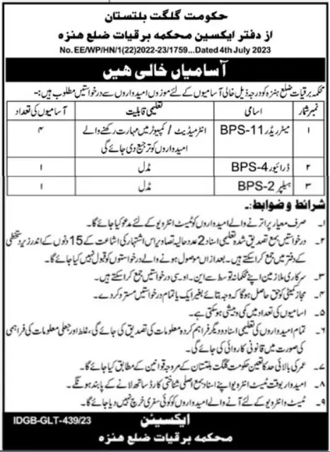 Electricity Department Gilgit Gilgit Baltistan Jobs 2023 – Government of Gilgit-Baltistan Jobs 2023 — original advertisement