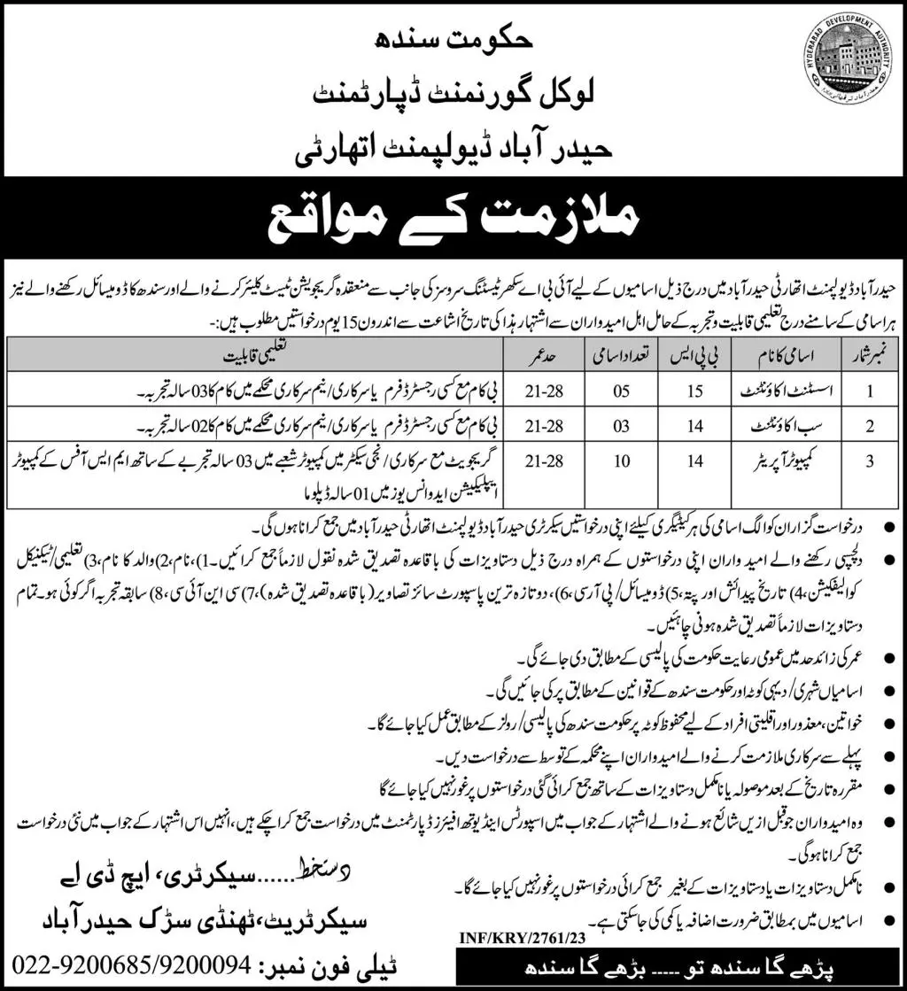 Hyderabad Development Authority Jobs 2023 – Local Govt Department Sindh Jobs 2023 — original advertisement