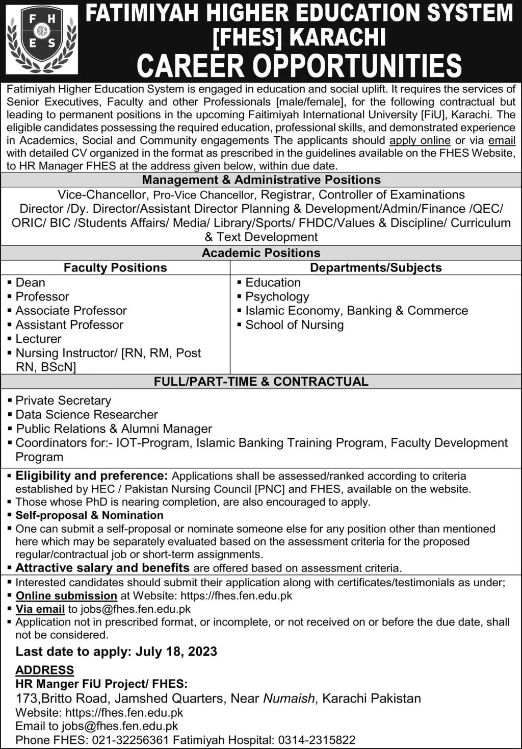 Fatimiyah Higher Education System [FHES] Karachi Jobs 2023 Jobs 2023 — original advertisement
