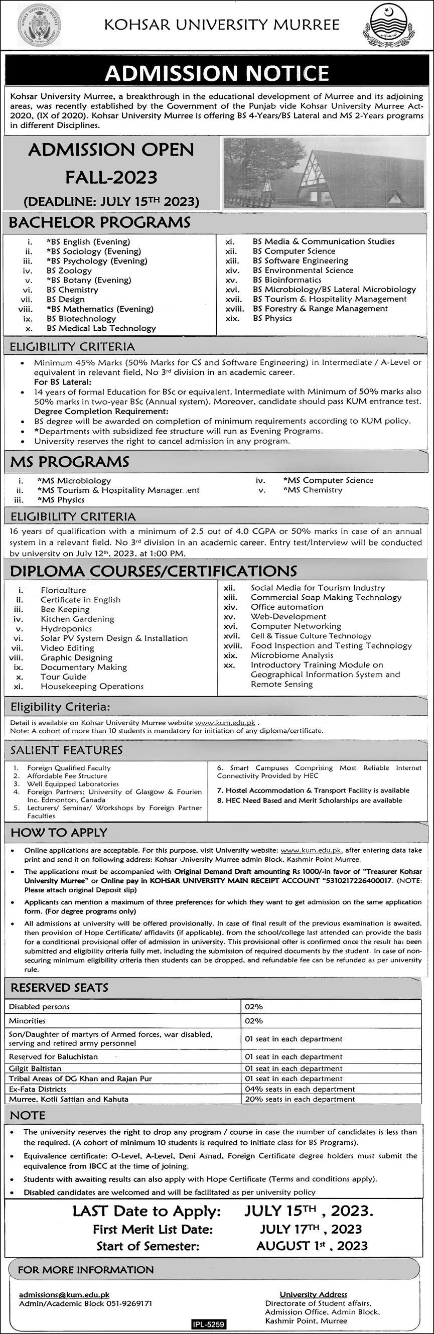 Kohsar University Murree Punjab Asmissions 2023 Jobs 2023 — original advertisement