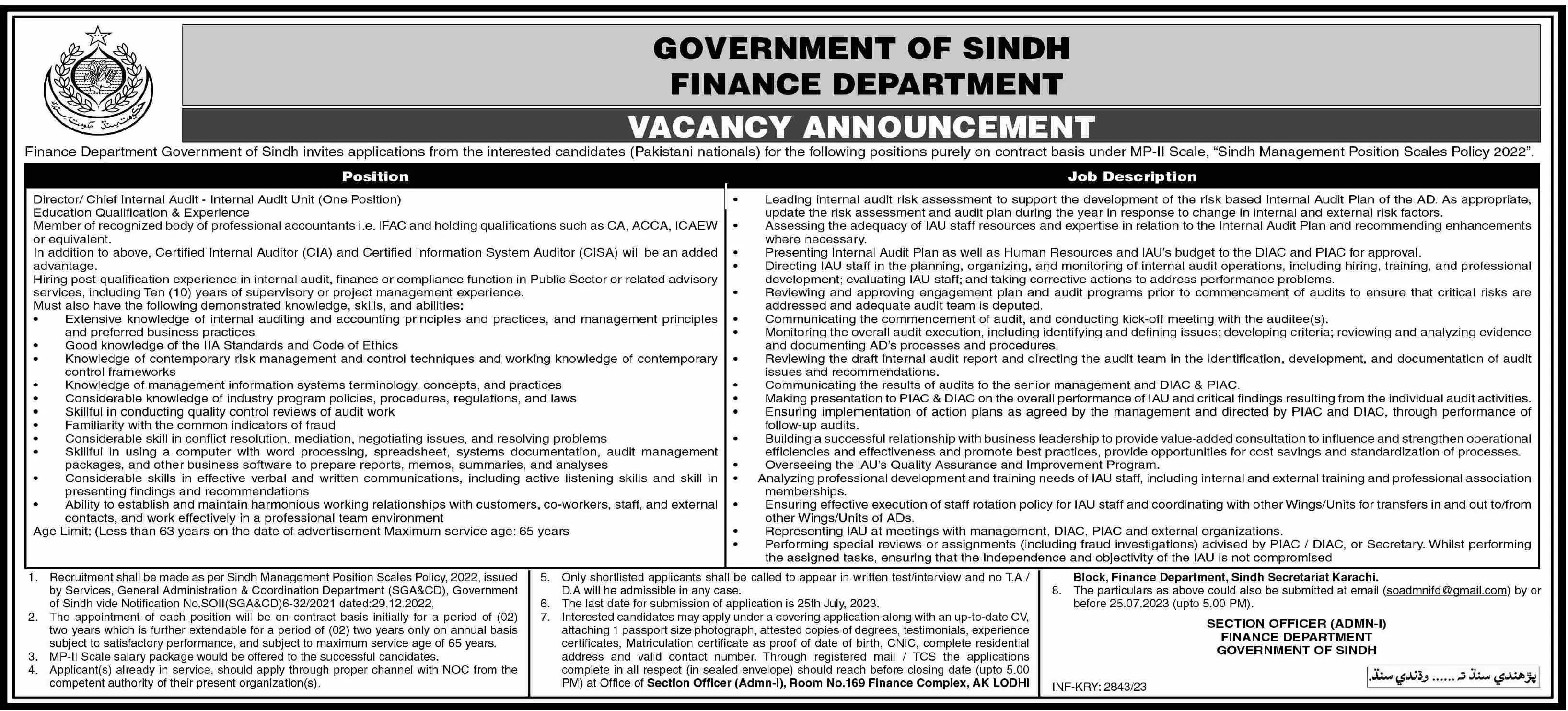 Finance Department Karachi Sindh Jobs 2023 – Finance Department Govt of Sindh Jobs 2023 — original advertisement