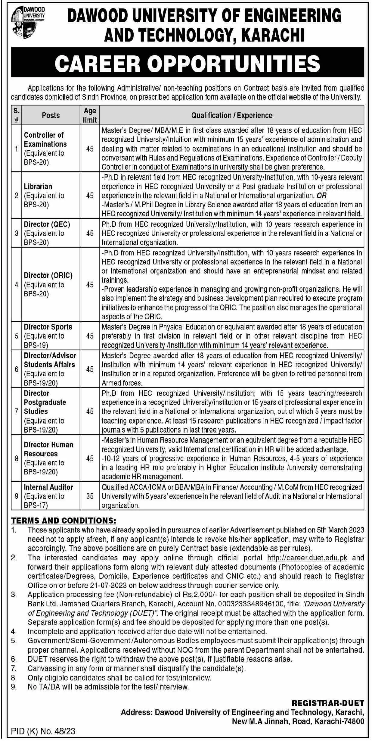 Dawood University Of Engineering & Technology Karachi Job – Dawood University of Engineering and Technology Karachi Jobs 2023 — original advertisement