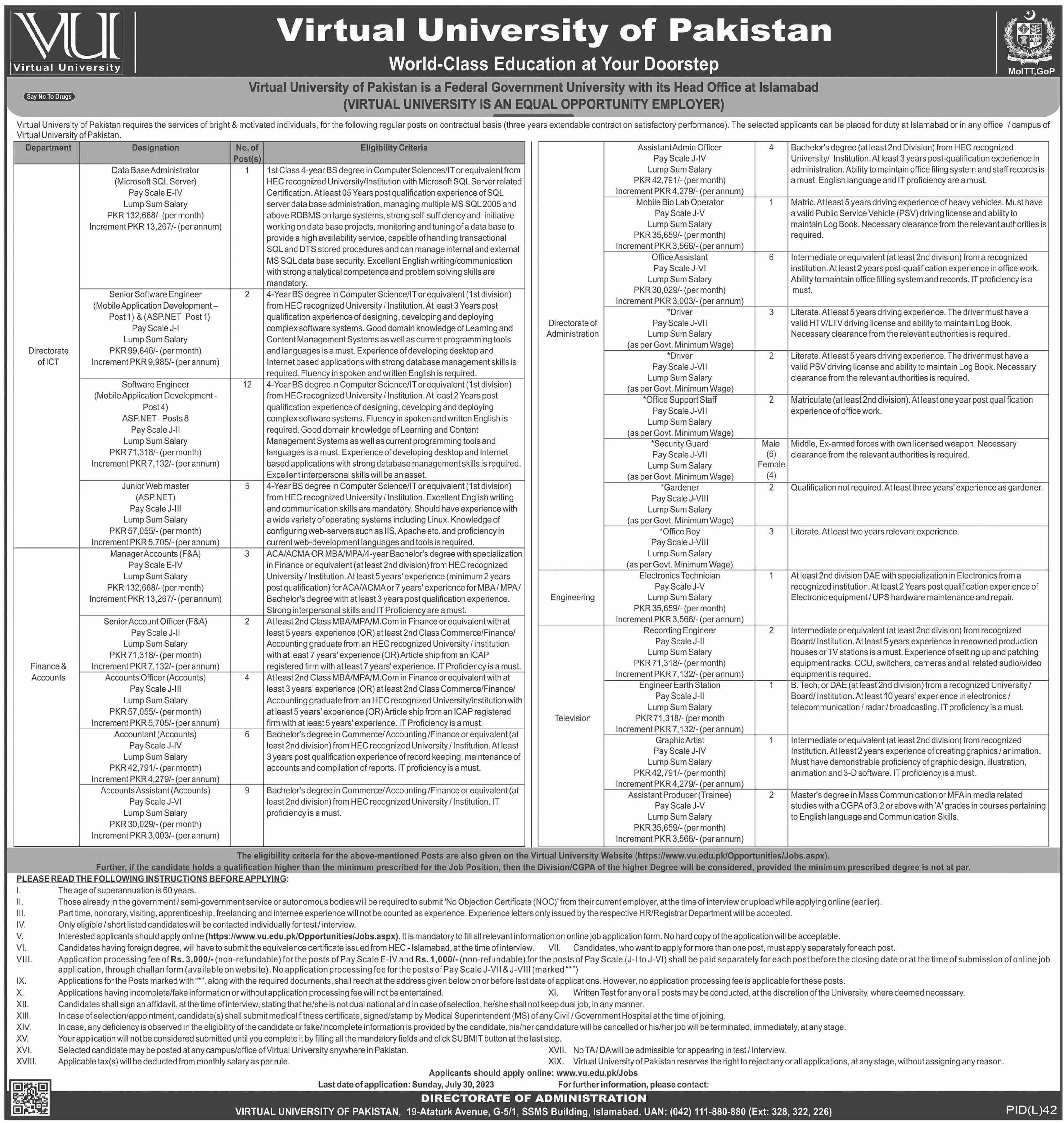 Virtual University of Pakistan VU Islamabad Job 2023 Jobs 2023 — original advertisement