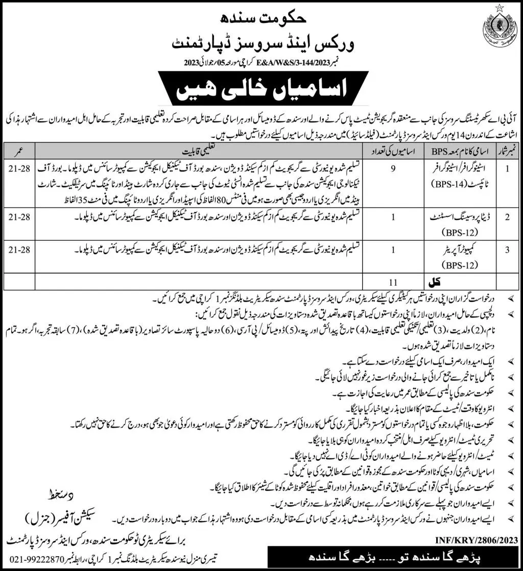 Works & Services Department Karachi Sindh Jobs 2023 – Works & Services Department Sindh Jobs 2023 — original advertisement