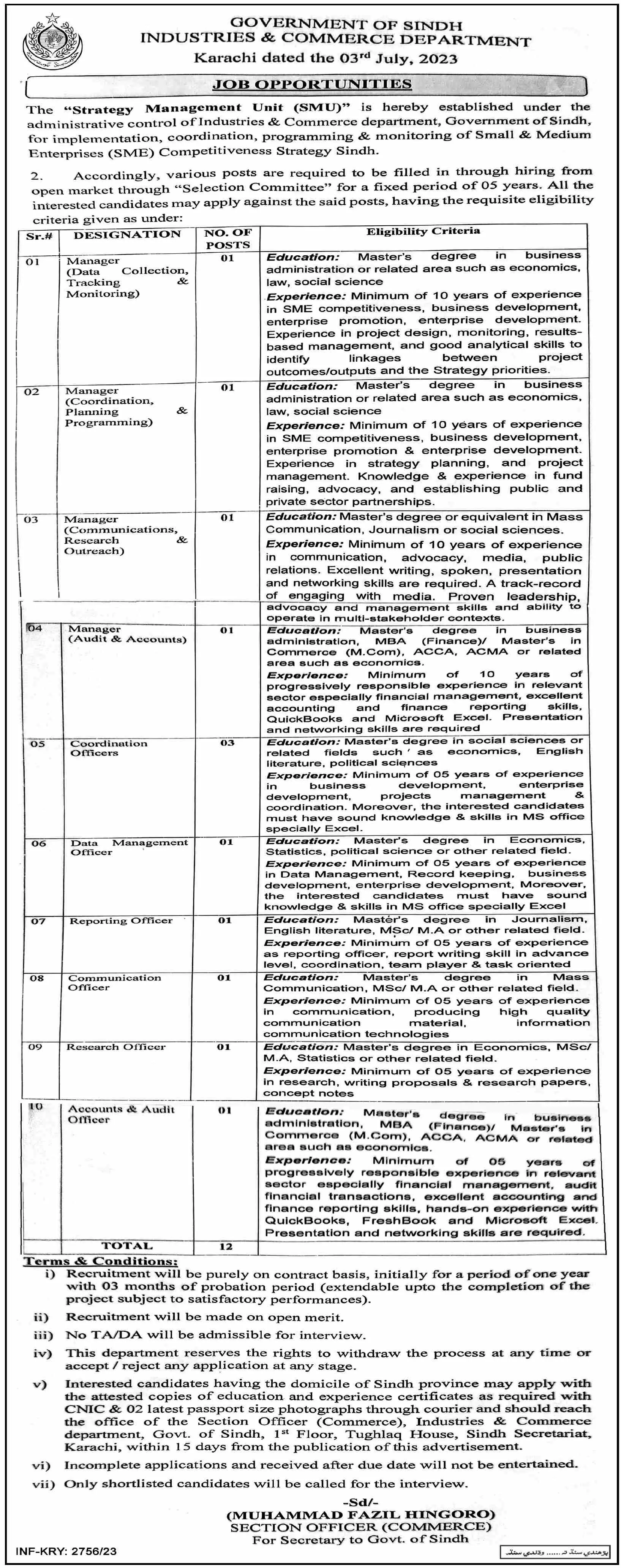 Industries & Commerce Department Karachi sindh Jobs 2023 Jobs 2023 — original advertisement