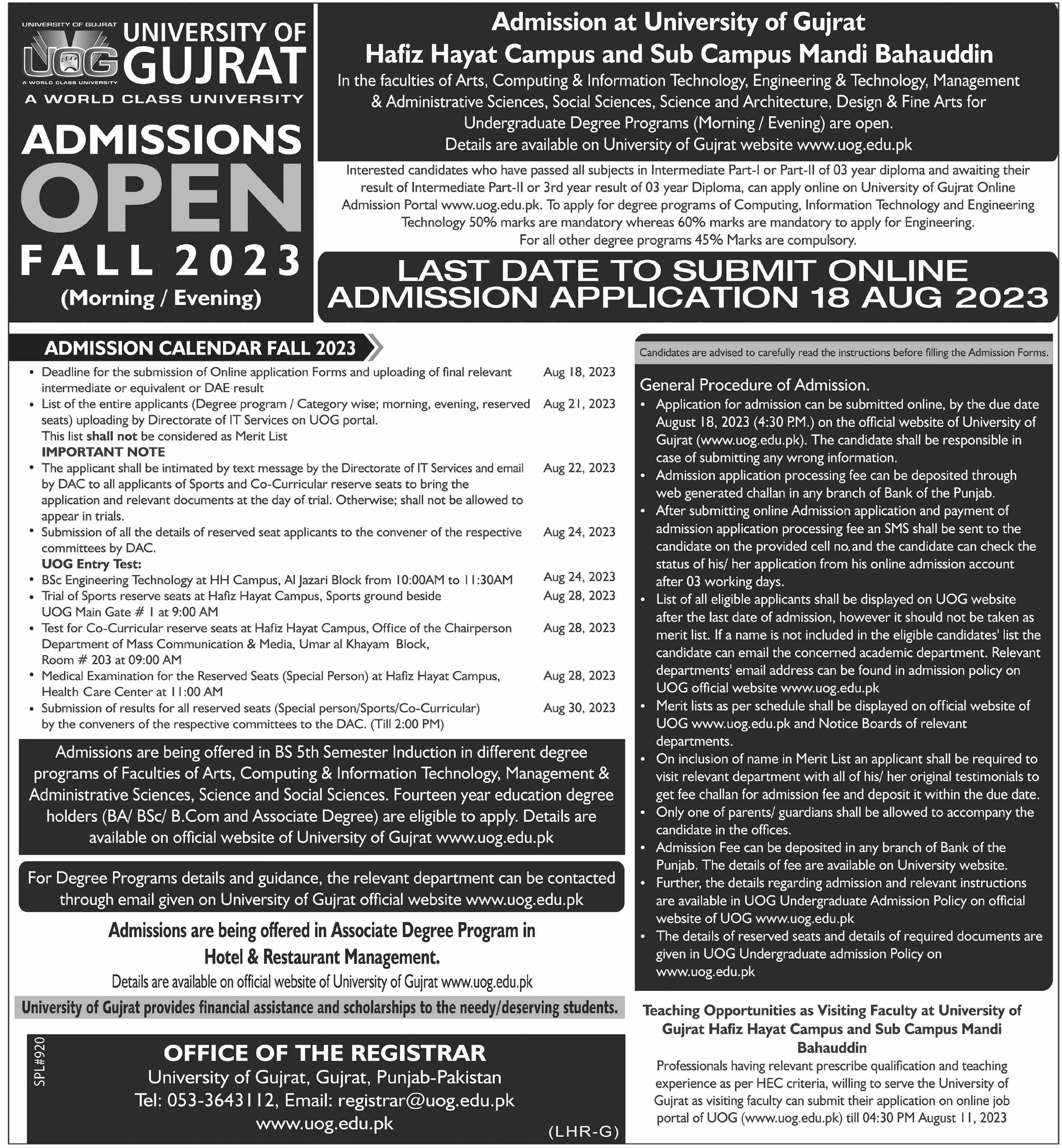 University of Gujrat Admissions 2023 Admissions 2023 — original advertisement