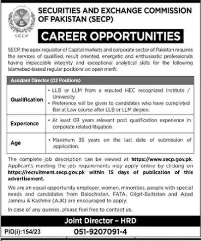 Securities & Exchange Commission Of Pakistan SECP Jobs 2023 Jobs 2023 — original advertisement
