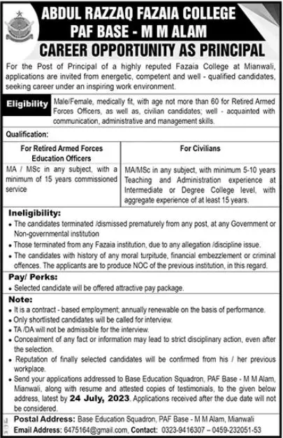 Abdul Razzaq Fazaia College PAF Base Jobs 2023 – Pakistan Air Force Jobs 2023 — original advertisement