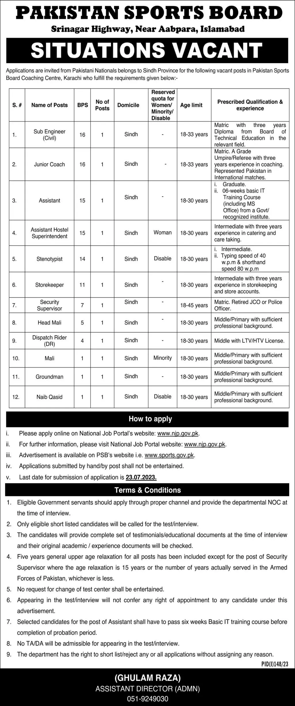 Pakistan Sports Board PSB Islamabad Jobs 2023 – Sports Board Punjab Lahore Jobs 2023 — original advertisement