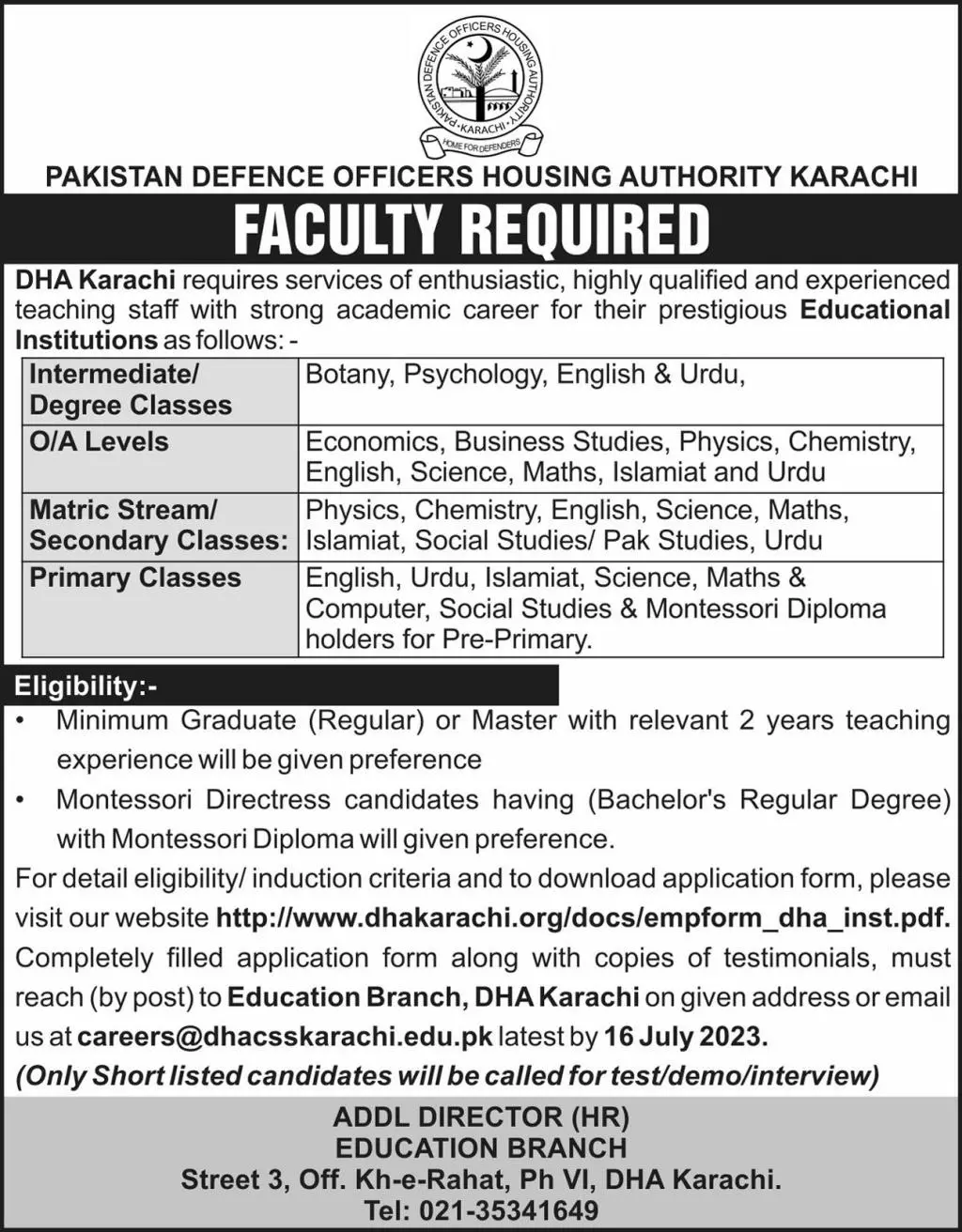 Pakistan Defence Officers Housing Authority Karachi Jobs – Defence Housing Authority Jobs 2023 — original advertisement