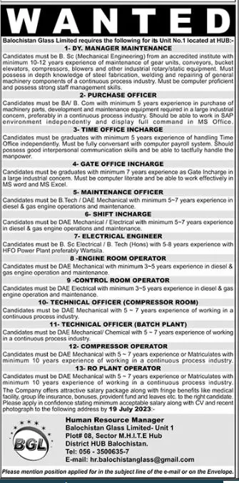 Balochistan Glass Limited Hub Balochistan Jobs 2023 Jobs 2023 — original advertisement
