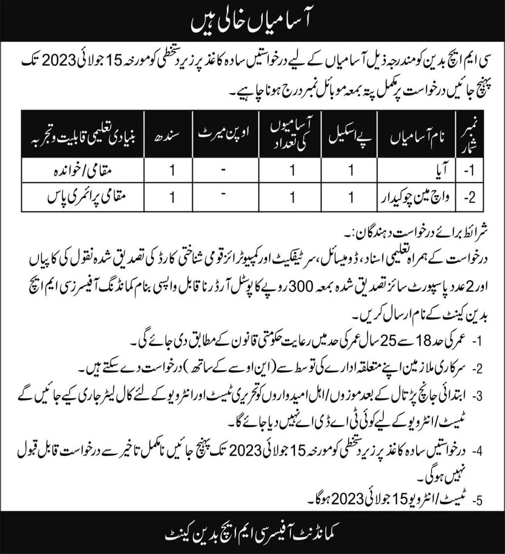 Combined Military Hospital CMH Badin Jobs 2023 Jobs 2023 — original advertisement