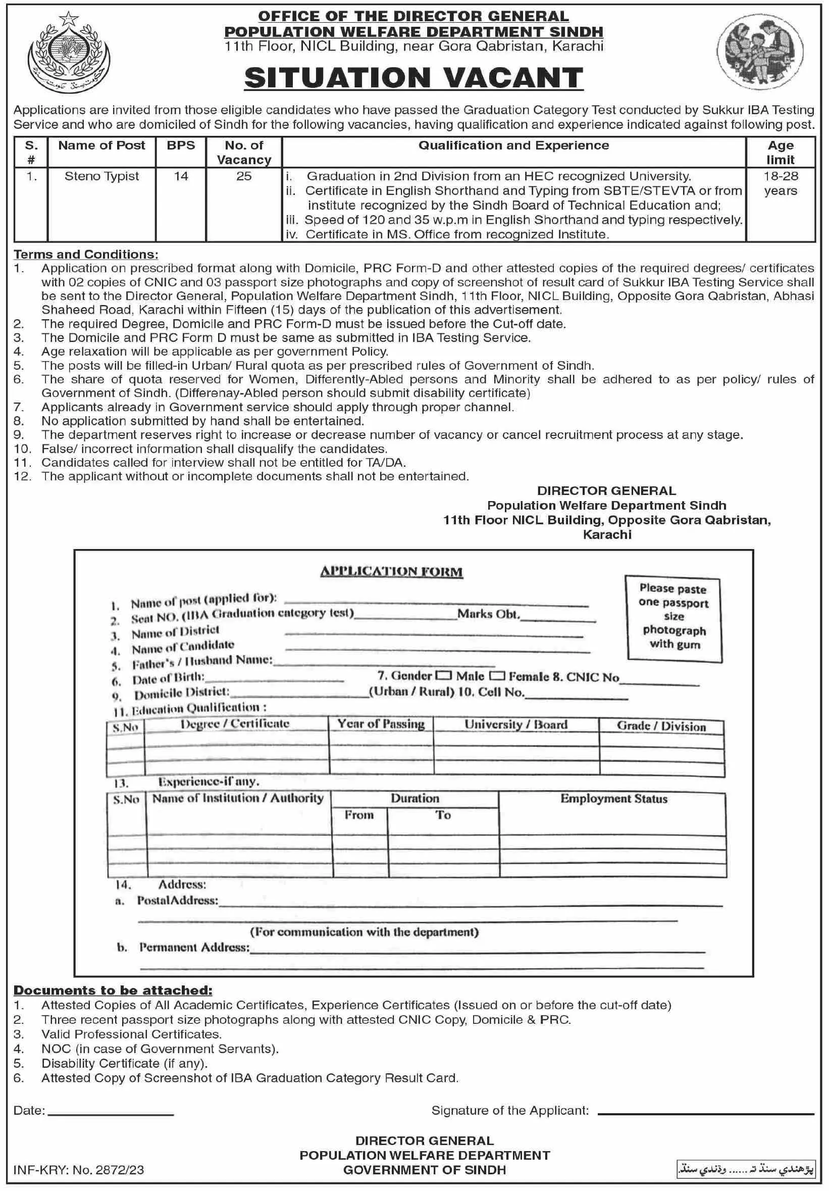 Population Welfare Department Sindh Karachi Jobs 2023 Jobs 2023 — original advertisement