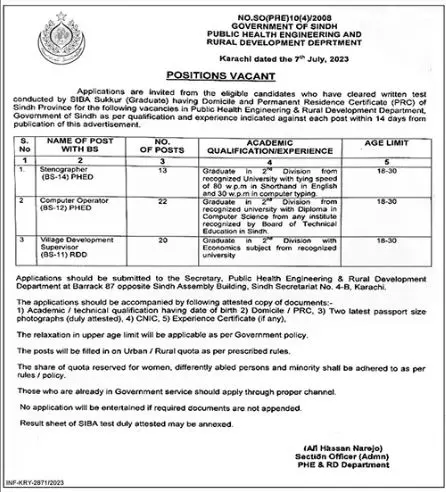 Public Health Engineering Department Sindh karachi Jobs 2023 Jobs 2023 — original advertisement