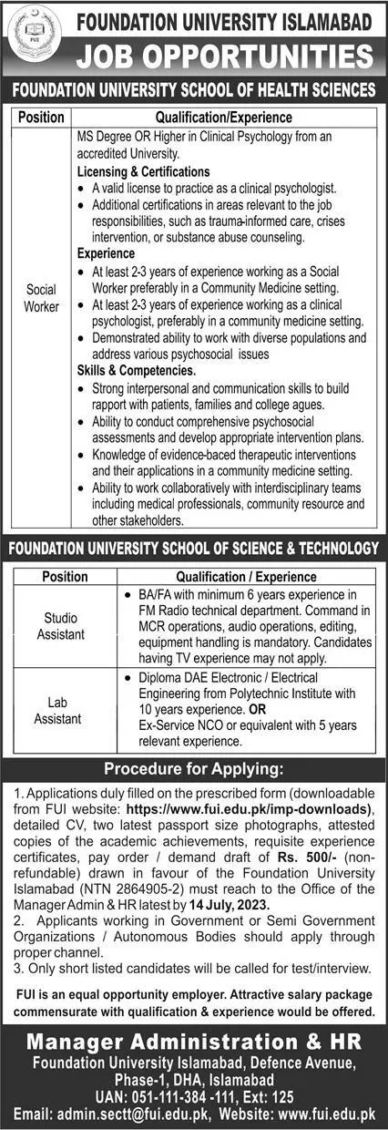 Foundation University Islamabad Jobs 2023 Jobs 2023 — original advertisement