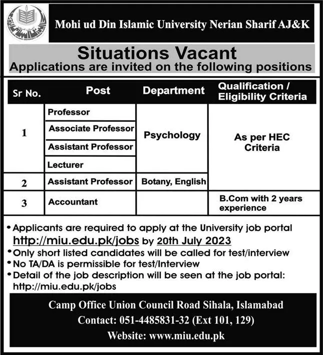Mohi-ud-Din Islamic University Azad Jammu Kashmir Jobs 2023 – Mohi-ud-Din Islamic University Nerian Sharif AJK Jobs 2023 — original advertisement