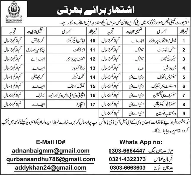 Transport Company Faisal Movers Quetta Jobs 2023 – Private Company Jobs 2023 — original advertisement