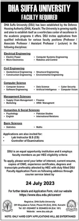 DHA Suffa University karachi Sindh Jobs 2023 Jobs 2023 — original advertisement