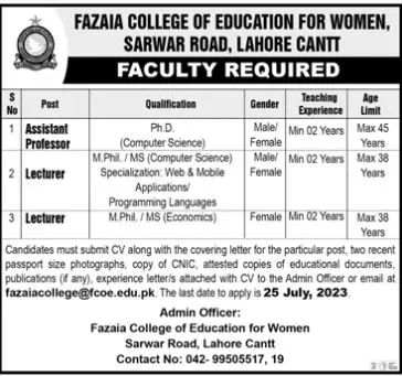 fazaia College of Education for Women Lahore Cantt Jobs 2023 – Fazaia Schools & Colleges Jobs 2023 — original advertisement