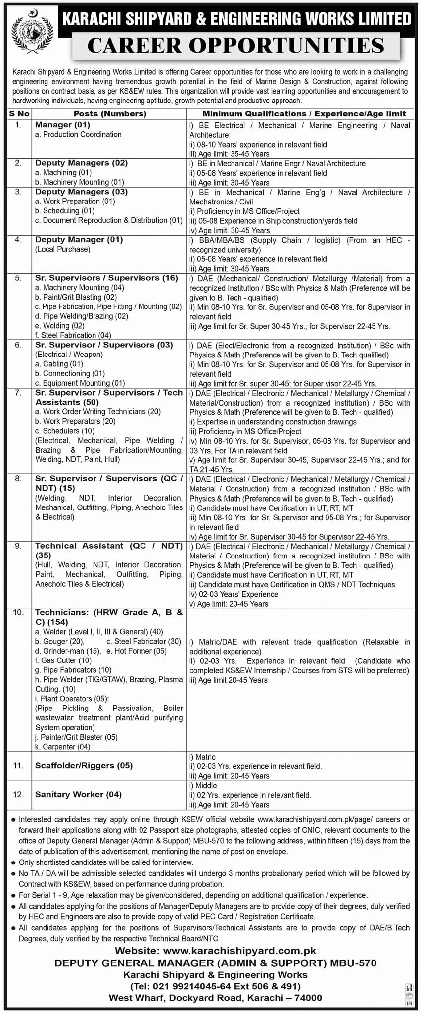 Karachi Shipyard & Engineering Works Limited Jobs 2023 Jobs 2023 — original advertisement
