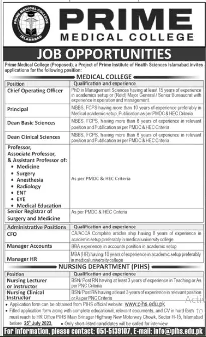Prime Medical College Islamabad Jobs 2023 Jobs 2023 — original advertisement