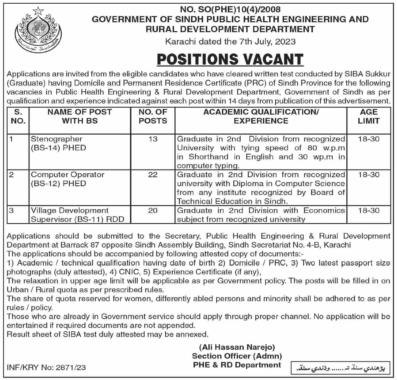 Sindh Public Health Engineering & Rural Developmnet Job 2023 – Govt of Sindh Jobs 2023 — original advertisement