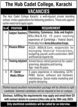 Hub Cadet College Karachi Sindh Jobs 2023 Jobs 2023 — original advertisement