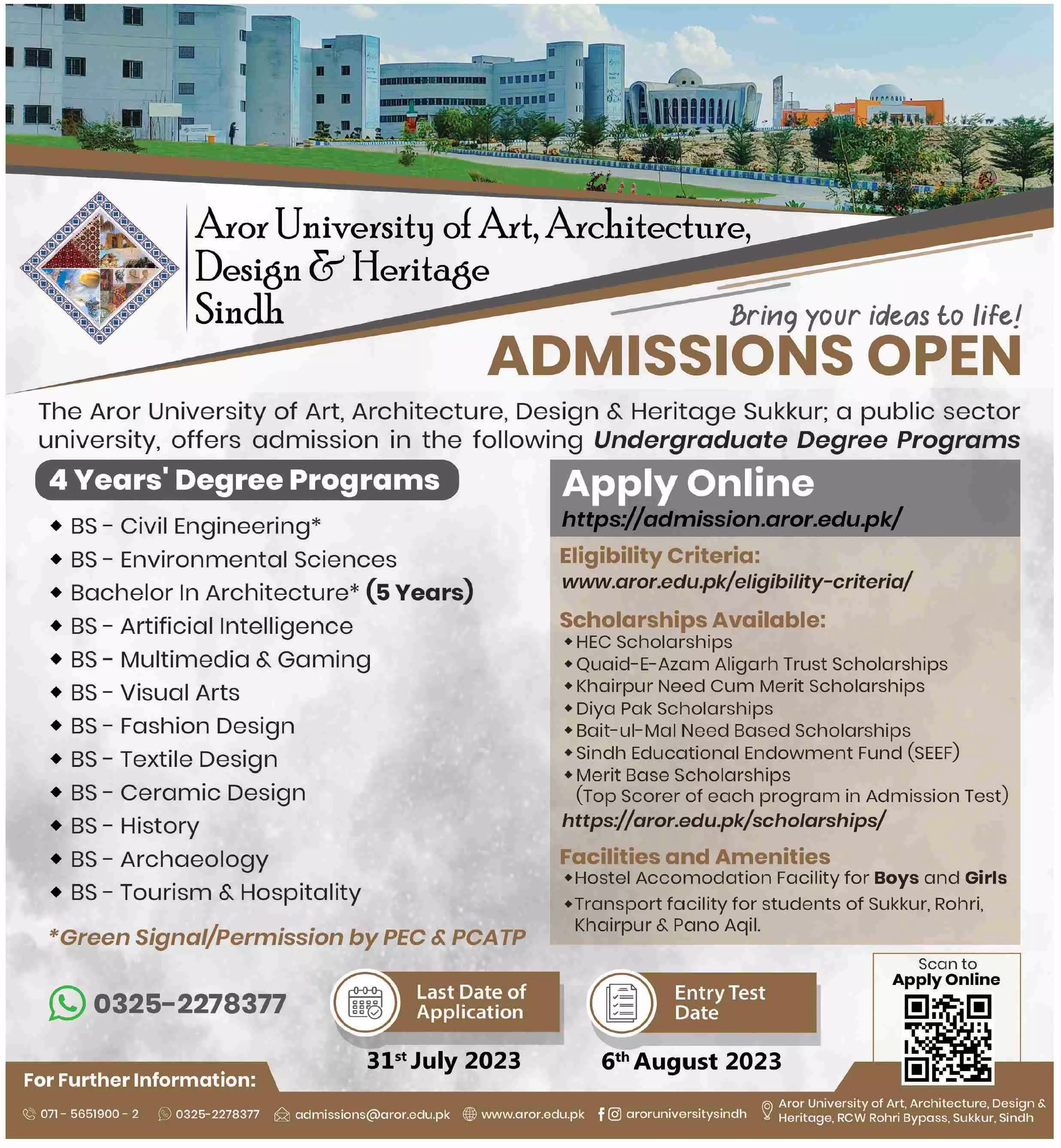 Aror University of Art Architecture Design Admissions 2023 – Aror university of Art Architecture Design & Heritages Sukkur Admissions 2023 — original advertisement