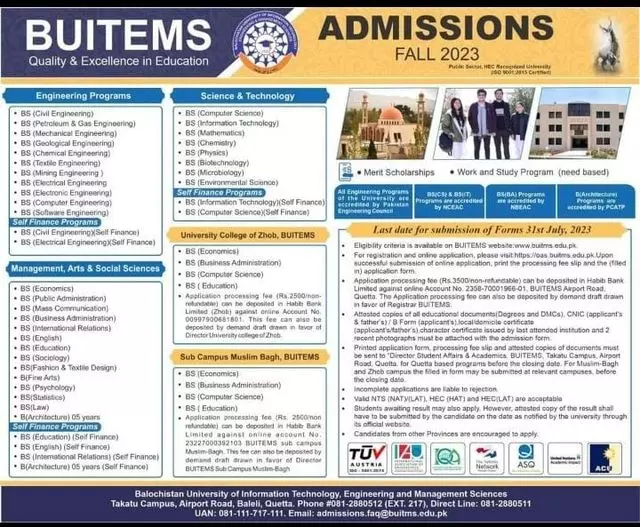 Balochistan University of Information Technology Admissions – Balochistan University of Information Technology & Management Science Quetta Admissions 2023 — original advertisement