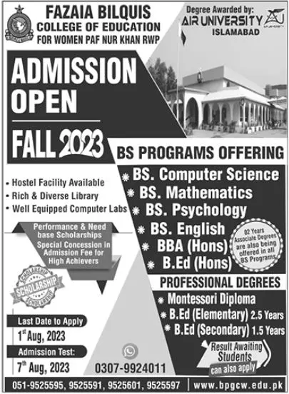 Fazaia Bilquis College of Education For Women Admissions – Fazaia Schools & Colleges Admissions 2023 — original advertisement