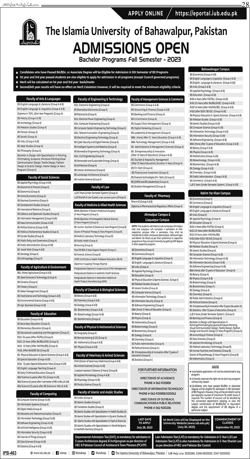 The islamic university of Bahawalpur Admissions 2023 Admissions 2023 — original advertisement
