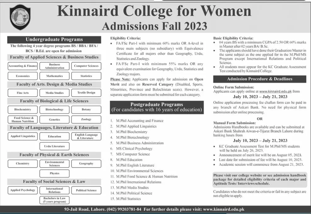 Kinnarid Colloge for Women Admissions Fall 2023 – Punjab Kinnaird College for Women Lahore Admissions 2023 — original advertisement