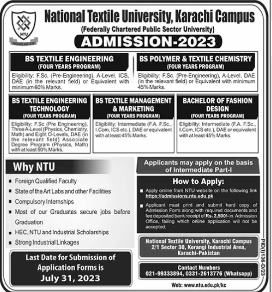 National Textile University Karachi Campus Admissions 2023 – National Textile University Faisalabad | NTU Admissions 2023 — original advertisement